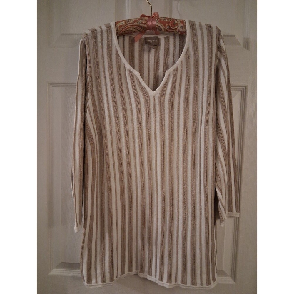 Size 3 XL Chico's Cream Tan Vertical Striped Knit V Neck Tunic 3/4 Sleeve NWOT